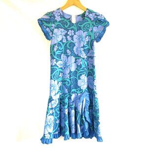 Made In Hawaii Girls Hawaiian Tropical Dress Handmade Vintage Cotton Floral Blue